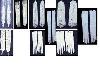 White wedding gloves long short white ring stones lace - Image 1 of 4