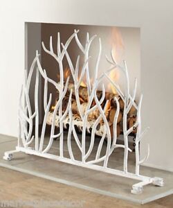 Antique White Iron Twig Design Fireplace Fire Screen Cottage Chic 38.5W 30H