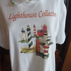 Large Vintage Cottage Granny T-shirt Lighthouse Collector Jerzees 90's Collared - Picture 1 of 8