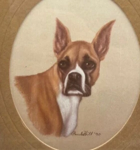 Boxer Dog Art Print Signed Paula Hill Matted & Framed Vintage 7"x6" Artwork B - Picture 1 of 7