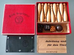 vollständiges Tisch-Kegelspiel, Anleitung D.R.G.M. um 1930, mit 5 alten Würfeln - Bild 1 von 6