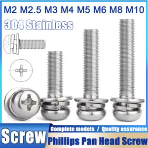 M2 - M10 304 Stainless Phillips Pan Head Screws with Flat and Split Lock Washers - Picture 1 of 98