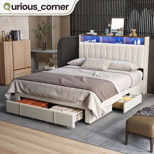 Full Size Bed Frame w/ Shelves Storage Space 4 Drawers Platform & Power Outlets - Picture 1 of 11