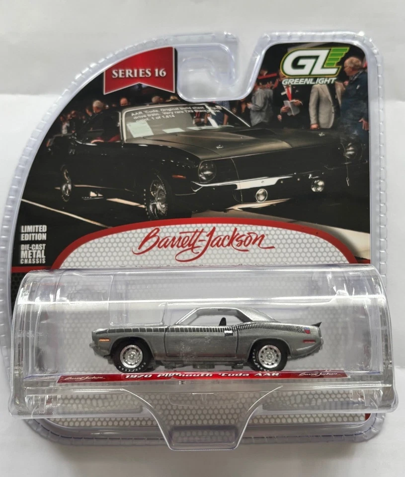 GREENLIGHT, PLYMOUTH Cuda AAR 1970 gris de la série BARRETT JACKSON sous blis... - Photo 1/1