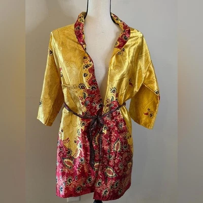 Rosa Indah атласный мини халат желтое золото красный цветочный узор ремень легкий размер 2 - Изображение 1 из 4