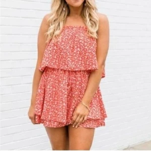 Pink Lily Orange Floral strapless ruffle Romper Shorts set Small Stretch NEW - Picture 1 of 14