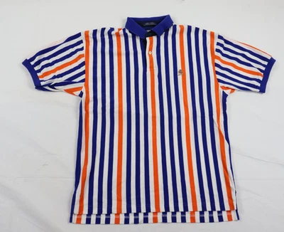 Camisa polo masculina listrada vintage Tommy Hilfiger grande (L) azul laranja emblema peito - Imagem 1 de 4