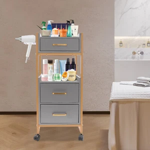 3 Drawers Mobile Salon Storage Cart Hair Dryer Holder Cart w/Casters Gold&Gray - Picture 1 of 20