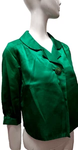 Vtg 1960s Emerald Green Satin Jacket Rhinestone Button Jon Robert Evening Wear - Picture 1 of 24