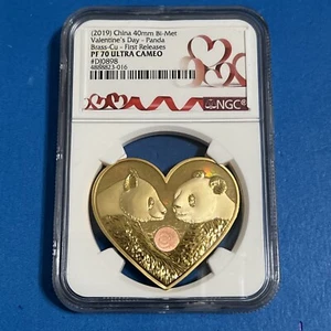 2019 China 40mm Bi-Met Valentine's Day Panda Brass Cu NGC PF70 ULTRA CAMEO - Picture 1 of 4
