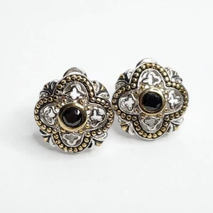 Sterling Silver Floral Filigree Ornate Earrings Black Gem Cut Stone Goldtone - Picture 1 of 6