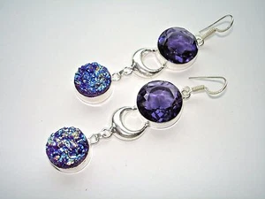 AB Titanium Druzy Purple Amethyst .925 Silver Hook Earrings 3" One-of-a-Kind - Picture 1 of 4