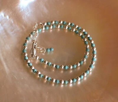 3mm Turquoise and 3mm Sterling Silver Bead Ankle Bracelet 8 to 10 Inches - Image 1 of 4