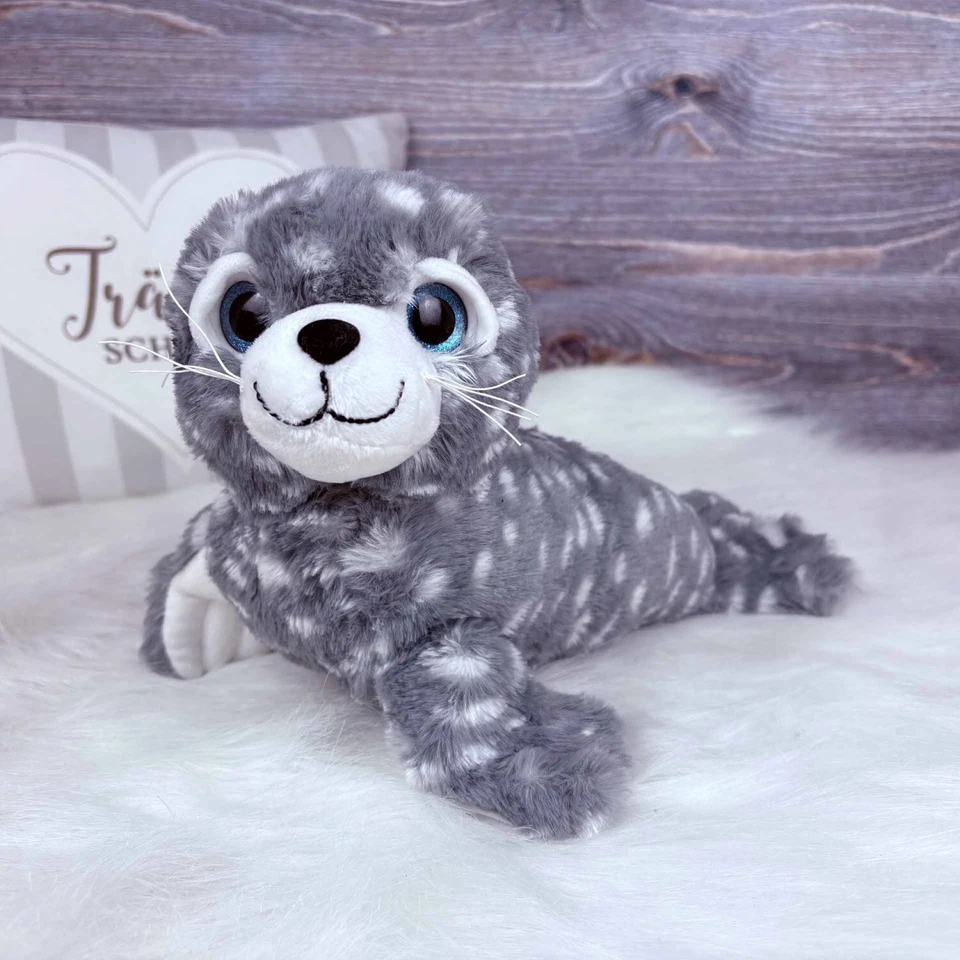 Plüsch Seehund grau-weiß gefleckt mit Glitzeraugen 30cm Robbe Kuscheltier - Bild 1 von 1