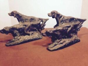 ANTIQUE HUNTING DOG IRISH POINTER SETTERS BOOKENDS METAL COPPER BRONZE TONE