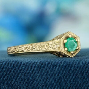 9K Yellow Gold Emerald Vintage Style Engagement Ring - Picture 1 of 9