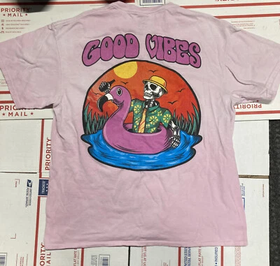Camiseta Call Your Mother "Good Vibes" Rosa L Gráfico Esqueleto en la Espalda Grande Foto 1 de 4