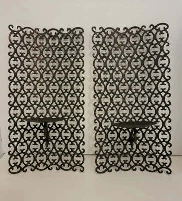 Wrought Iron Scroll Pillar Candle Holders Dark Brown Wall Sconce Home Decor 14in - Image 1 of 4