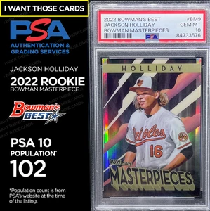 Jackson Holliday ROOKIE 2022 BOWMAN 1st Year Masterpiece  GRADED  💎  PSA 10  💎 - Picture 1 of 5