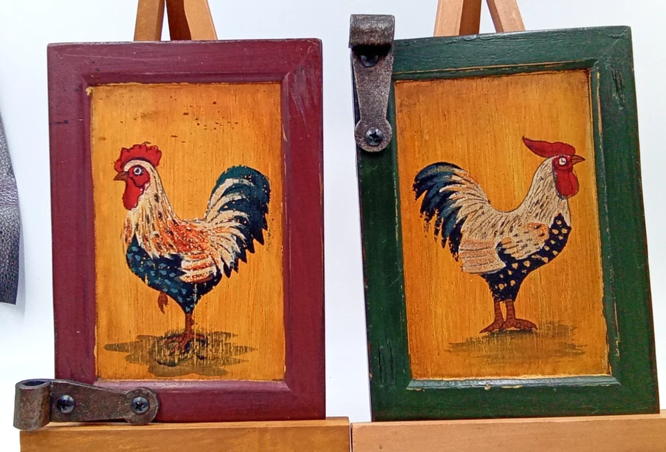 Rooster Picture Primitive Wood Frame Metal Rustic 1999 Blue Sky CA 5x7" Set of 2 - Image 1 of 4
