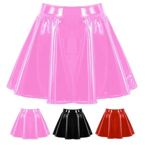 Flared Miniskirt Dance Performance PU Leather Skirt Fashionable Clubwear - Picture 1 of 41