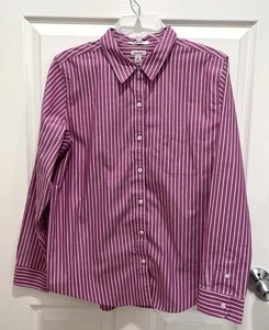 LL BEAN Striped Wrinkle Resist Button Up Shirt Women L Long Sleeve Purplish Pink - Picture 1 of 8