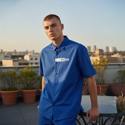 Hugo Boss Red Label Mens Large Straight Fit Short Sleeve Button-Down Shirt Blue - Image 1 of 4