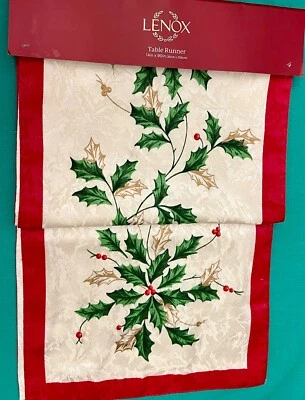 LENOX DELUXE CHRISTMAS TABLE RUNNER IVORY 14" X 90" RED BORDER GREEN HOLLY NEW - Image 1 of 4