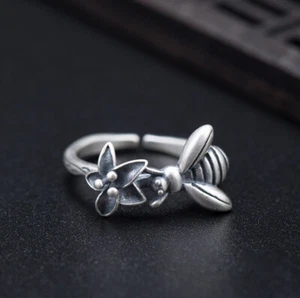 I04 Ring Biene an einer Blume Sterling Silber 925 Gr. 16 bis 18 verstellbar - Bild 1 von 6
