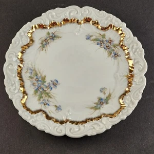 Piatto da dessert bianco arricciato motivo oro floreale blu scorrevole 8" Dresda Germania - Foto 1 di 9