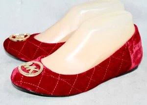 MICHAEL KORS Fulton Quilted Red Velvet Ballet Flat Wo's 6M Gold Logo Charm - Picture 1 of 6