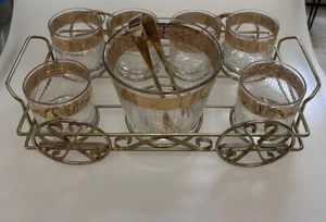 Vintage MCM Durchbruch inkl. Bar Set Eiskübel 6 Gläser Metallträger Eiszange - Bild 1 von 7