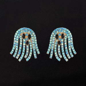 Women's Blue Crystal Rhinestone Halloween Gothic Ghost Stud Earrings - Picture 1 of 3