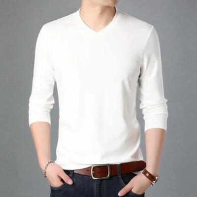 Camisa Camiseta Hombre Manga Larga Cuello en V Color Puro Camiseta Informal  Foto 1 de 4