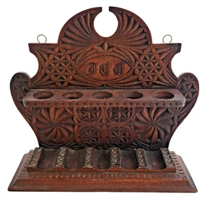 VINTAGE 19th Cent. Black Forest Wooden Walnut Pipe Rack with Carvings - Picture 1 of 4