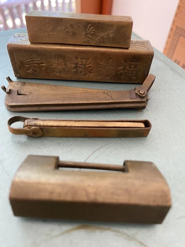 3 Antique VTG Chinese Brass Silver Trunk Door Slide Locks Engraved W/ Keys Rare Cover