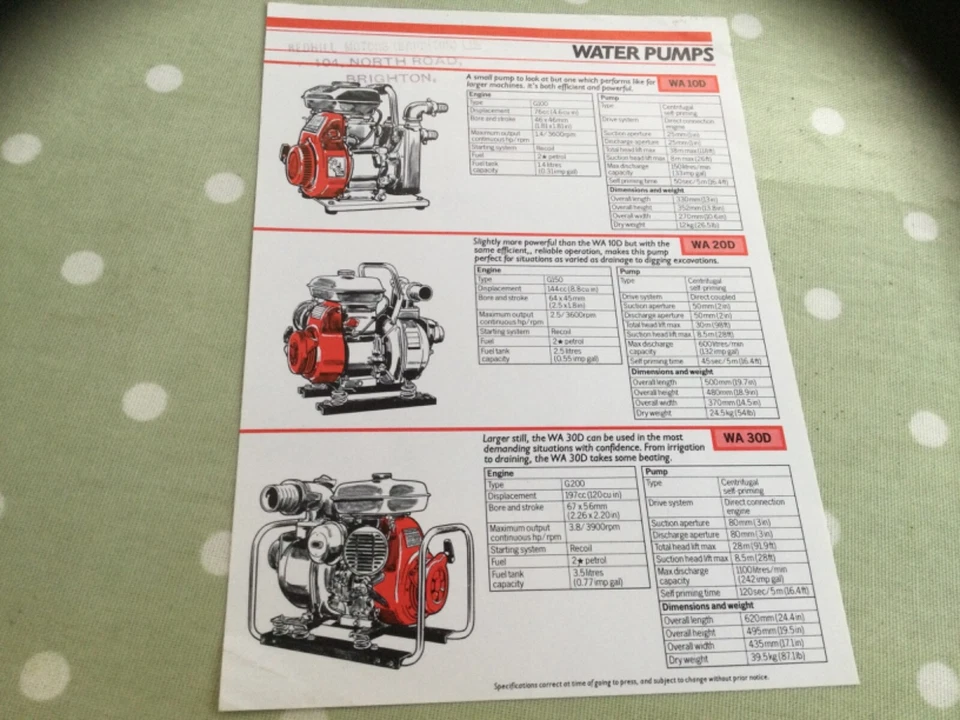 HONDA WATERPUMPS WA RANGE PORTABLE GENUINE BROUCHURE. - Image 1 of 1