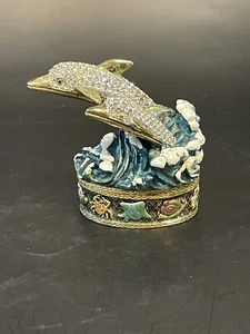 Portagioie Delfini e Onde con Cristalli Fuori Scatola Ottone - Foto 1 di 11