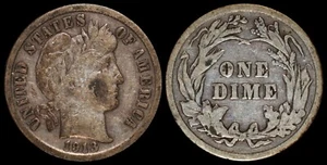 Moneda de diez centavos de barbero de plata tipo crujiente de 1913 obsoleta antigua circulada - Imagen 1 de 3