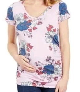 Motherhood Maternity Shirt Large Fitted Vneck Short Sleeve Pink Floral Botanical - Picture 1 of 6
