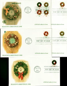 32c Weihnachtskränze FDC 5er Set Fleetwood ATM selbstklebend Ausgabe 15.10.1998 - Bild 1 von 2