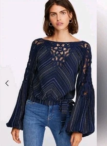 Free People Navy Floating Memories Bluse Spitzeneinsatz Ballonärmel Größe Small - Bild 1 von 12