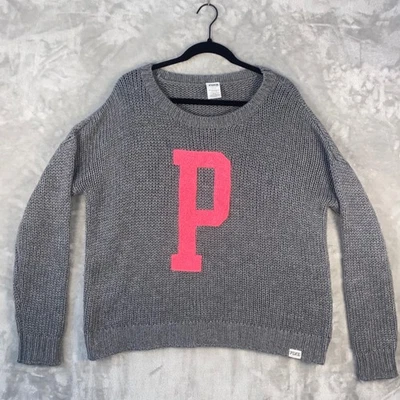 Suéter Victoria's Secret ROSA Gris Tejido Grande P Letra Acento Mezcla Lana Foto 1 de 4