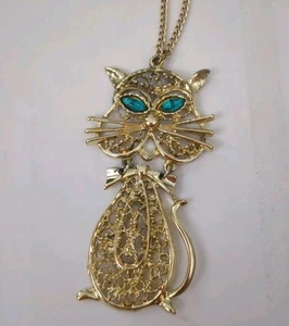 Vintage 70's Articulated Kitty Cat Gold Silver Color Green Jewel Eyes Necklace - Picture 1 of 5
