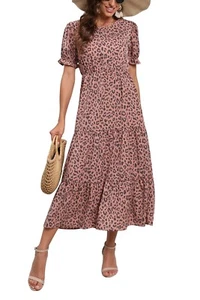 Grecerelle Women's Summer Casual Boho High Waist Leopard Print Midi Dress Small - Picture 1 of 5