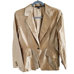 Blazer Linda Allard/Ellen Tracy taglia 10 100% seta marrone lucido oro designer classico - Foto 1 di 13