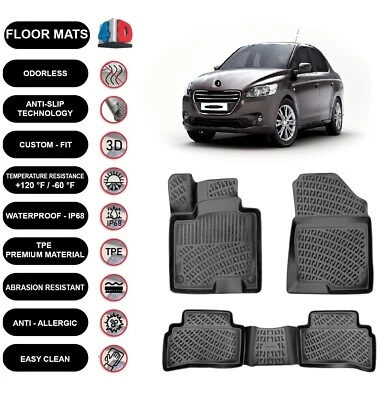 Floor Mats Liner Fits Peugeot 301 (2012-2020) Waterproof 4D Molded Black 4pcs - Image 1 of 3