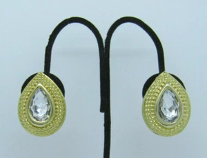 VINTAGE 1950s 60s GOLDEN RUNWAY TEARDROP CRYSTAL CLIP ON EARRINGS 1 5/16" TALL - Picture 1 of 12