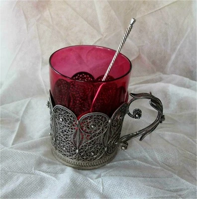 Russian 84 Sterling Silver Filigree Tea Glass Holder Tbilisi Georgia Antique Foto 1 de 4
