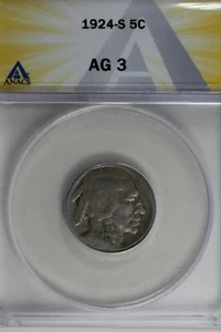 1924-S .05 ANACS AG 3 Buffalo Nickel, Indian Nickel, 5 Cent Piece - Picture 1 of 2